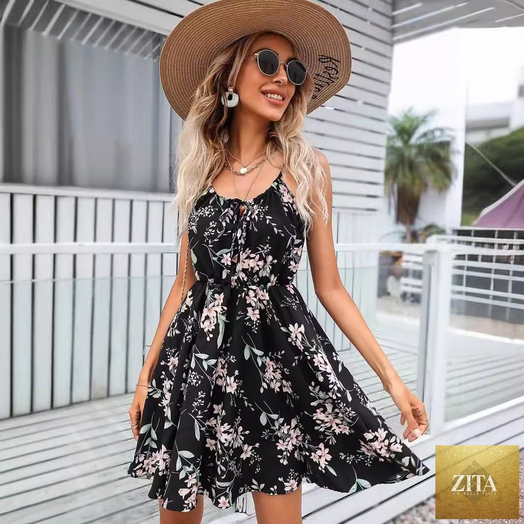 Women's floral print sleeveless midi dress by FitiqueFit with tie-up neck and elastic waist, perfect for boho summer style.