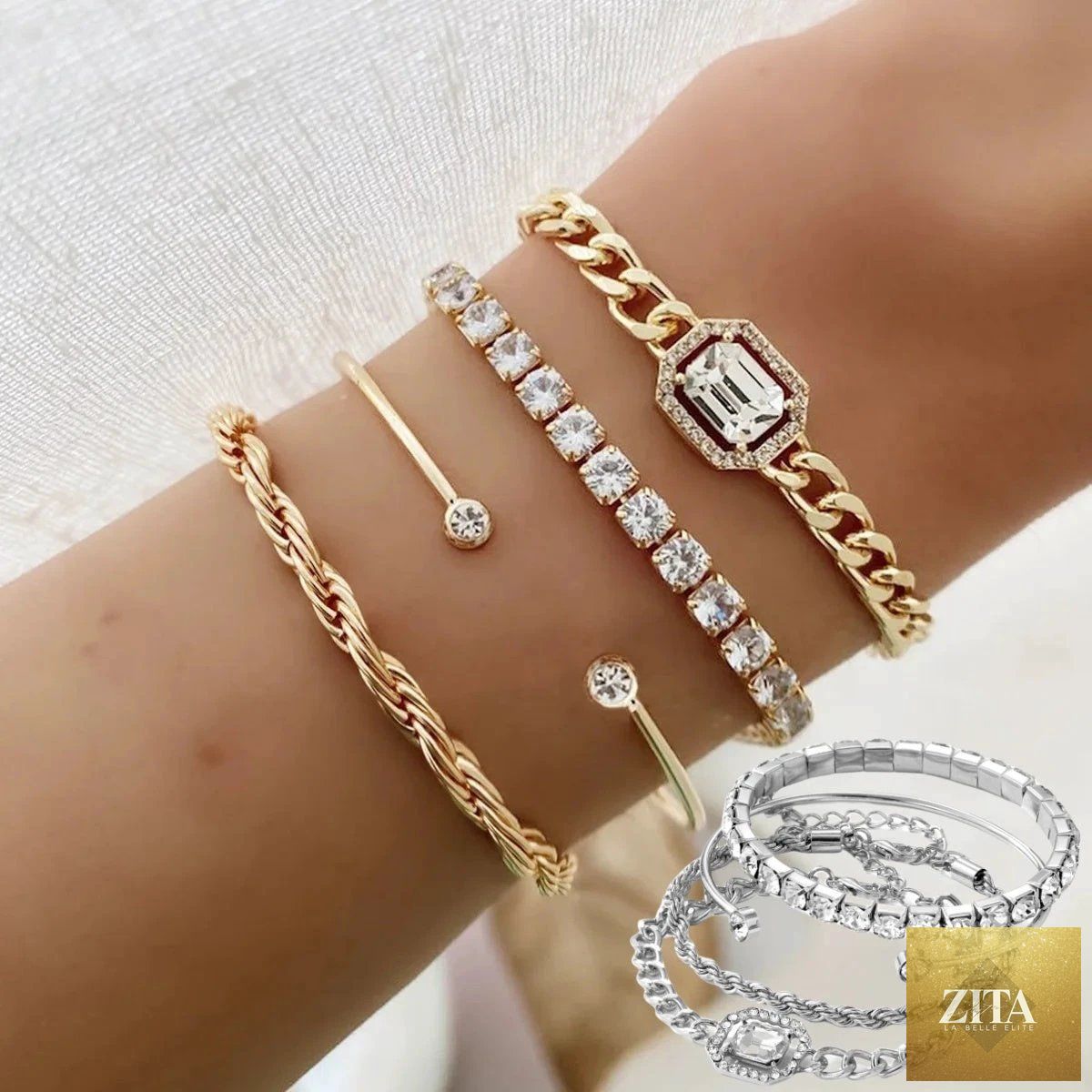 Set of four crystal fashion jewelry bracelets featuring bohemian and vintage twisted cuff designs for women.