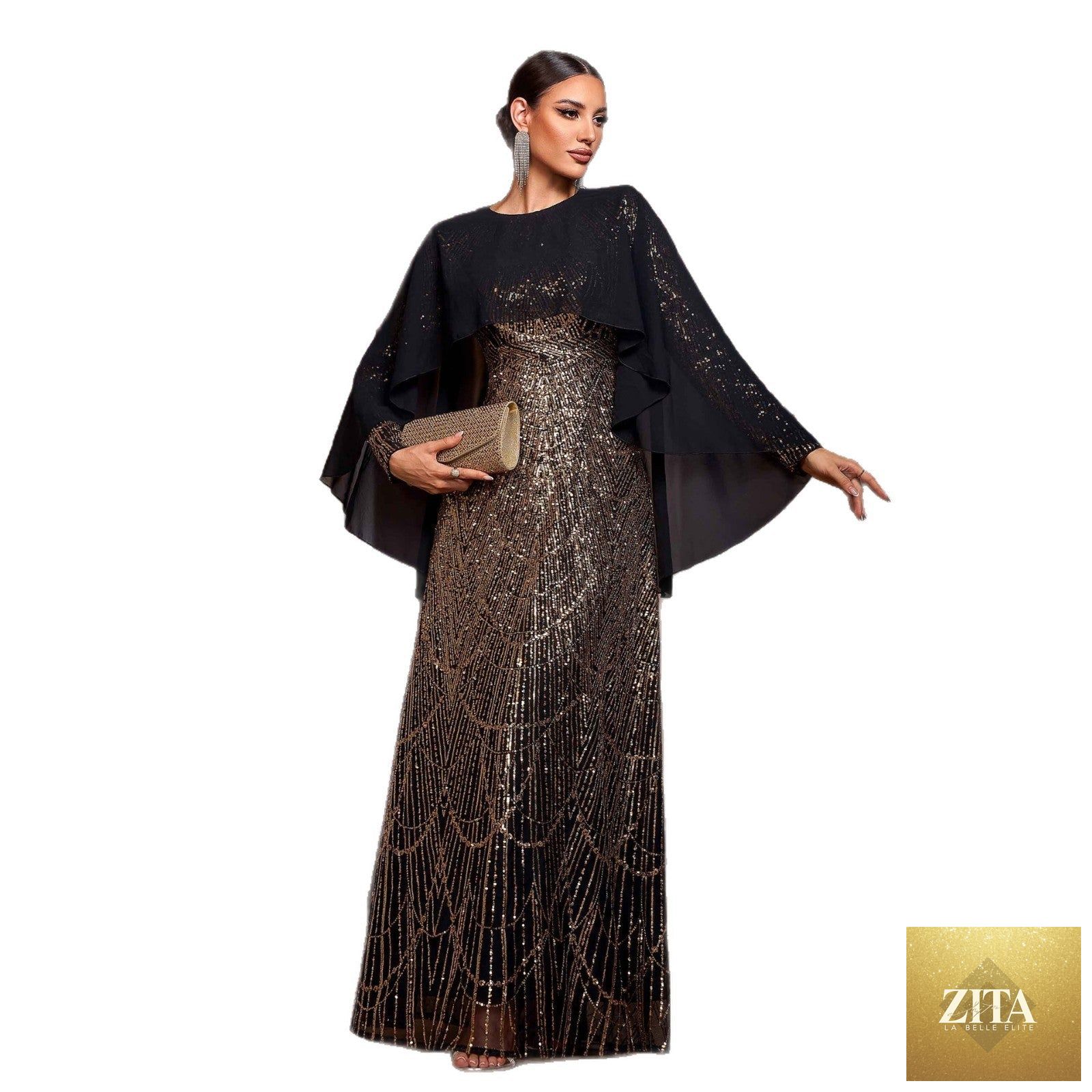 Elegant Long Sleeve Round Neck Shawl Banquet Sequined A- Line Evening Dress
