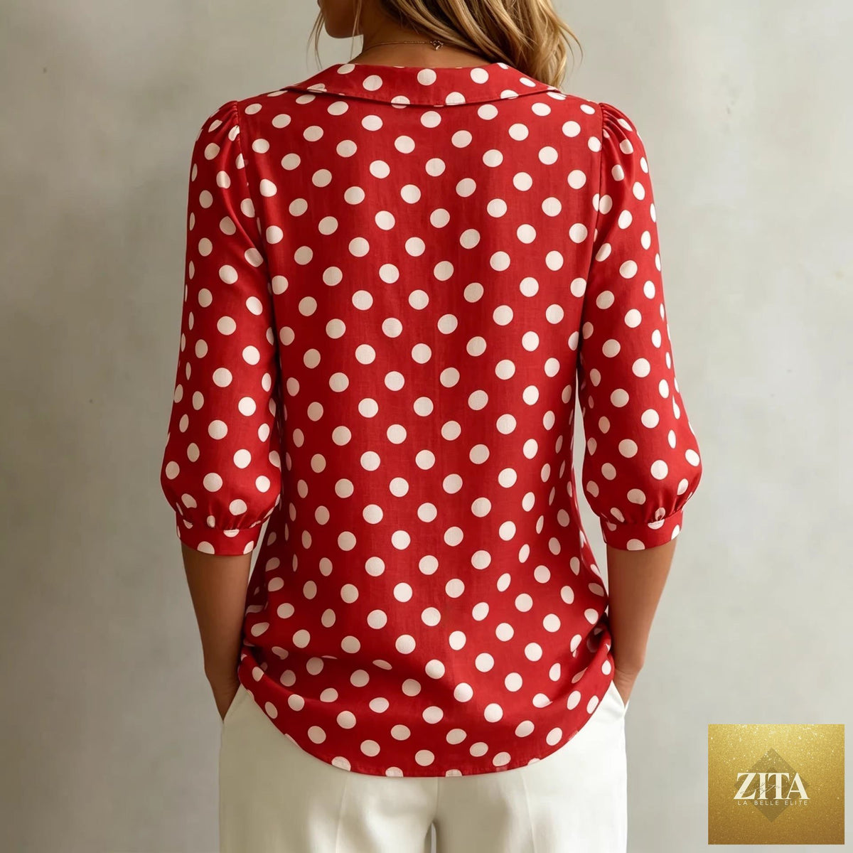 Women's retro polka dot three-quarter sleeve loose cardigan shirt by Zita La Belle Elite, casualwear with stylish polka dot pattern.