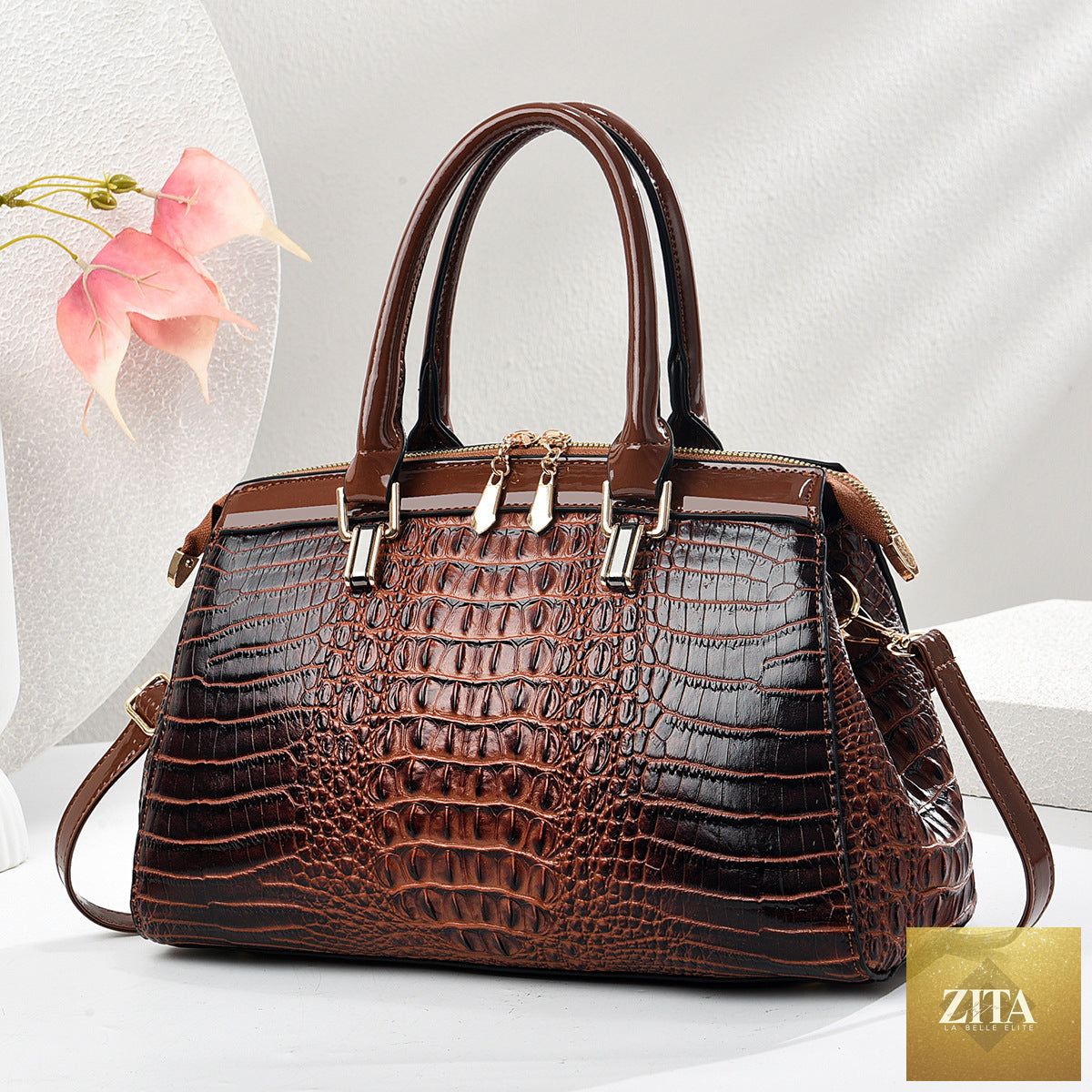 Elegant genuine leather commuter handbag with patent leather finish, large capacity, European and American style design.