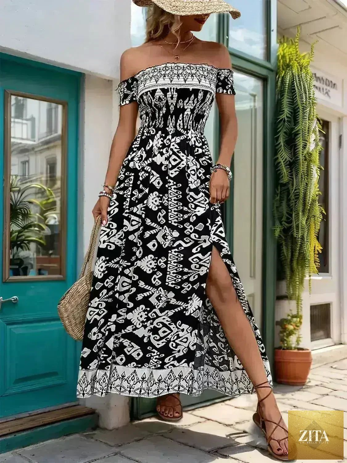 Femstylo off-shoulder slit dress in flowy viscose fabric, showcasing a stylish, feminine design with a relaxed fit.