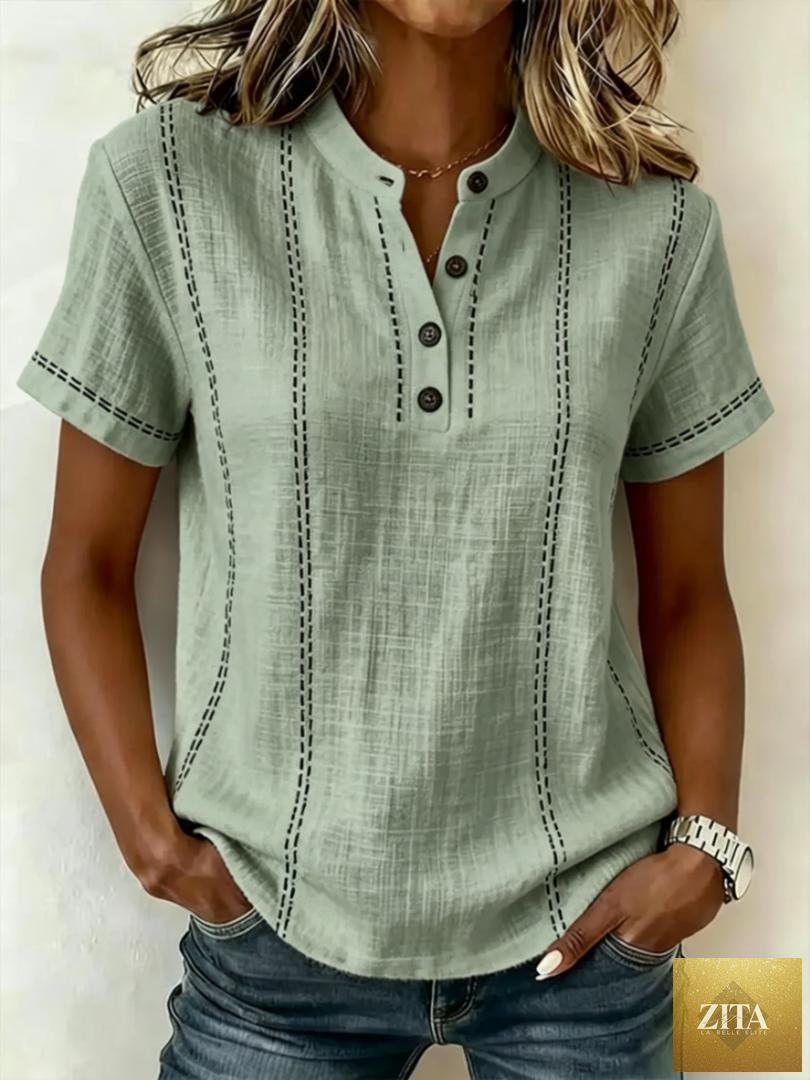 LadyShow.Store summer striped short-sleeve shirt with stand collar, V-neck, and button blouse for women's casual wear.