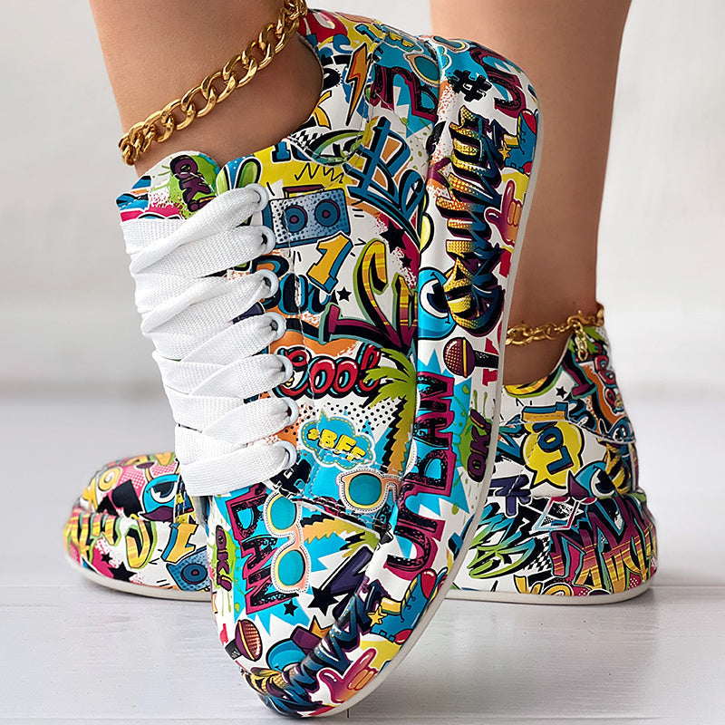 Round-Toe Thick-Sole Lace-Up Sneakers — Women’s Casual Print Shoes