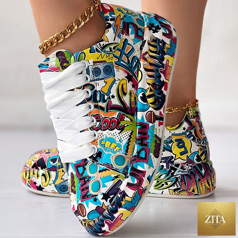 Women’s FitiqueFit Round-Toe Thick-Sole Lace-Up Sneakers with casual printed design, durable footwear for everyday wear.
