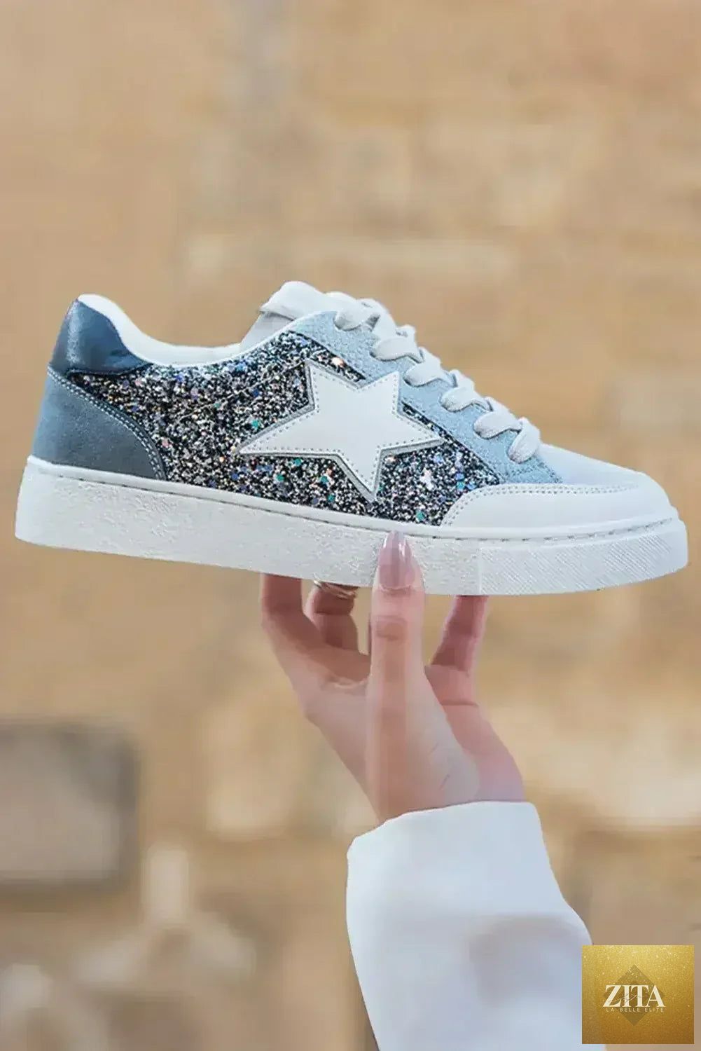 Silver sequin star sneakers by Femstylo featuring glitter lace-up design, perfect for a night out statement look.