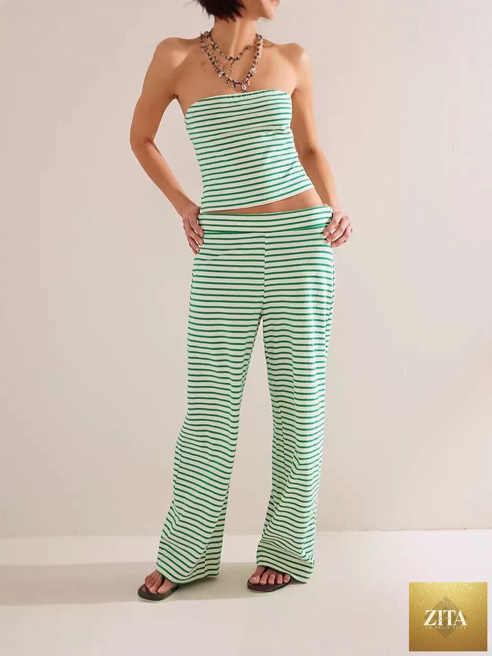 Women's striped tube top and matching pants set from Zita La Belle Elite, casual modal two-piece outfit, styled for comfort and style.