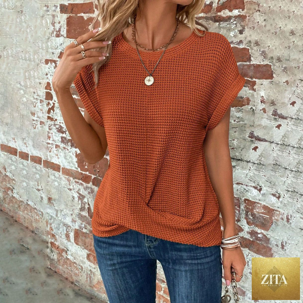 Women’s textured cuff short-sleeve tee from FitiqueFit, casualwear with a stylish textured fabric and relaxed fit.