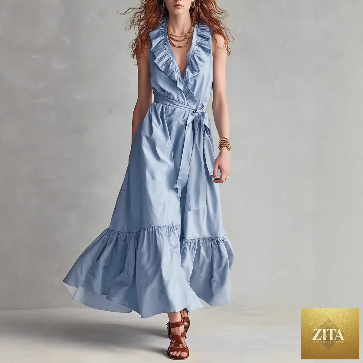 Women's FitiqueFit V-neck sleeveless lace-up panelled maxi dress with wide flare, casualwear style, featuring elegant lace-up detail.