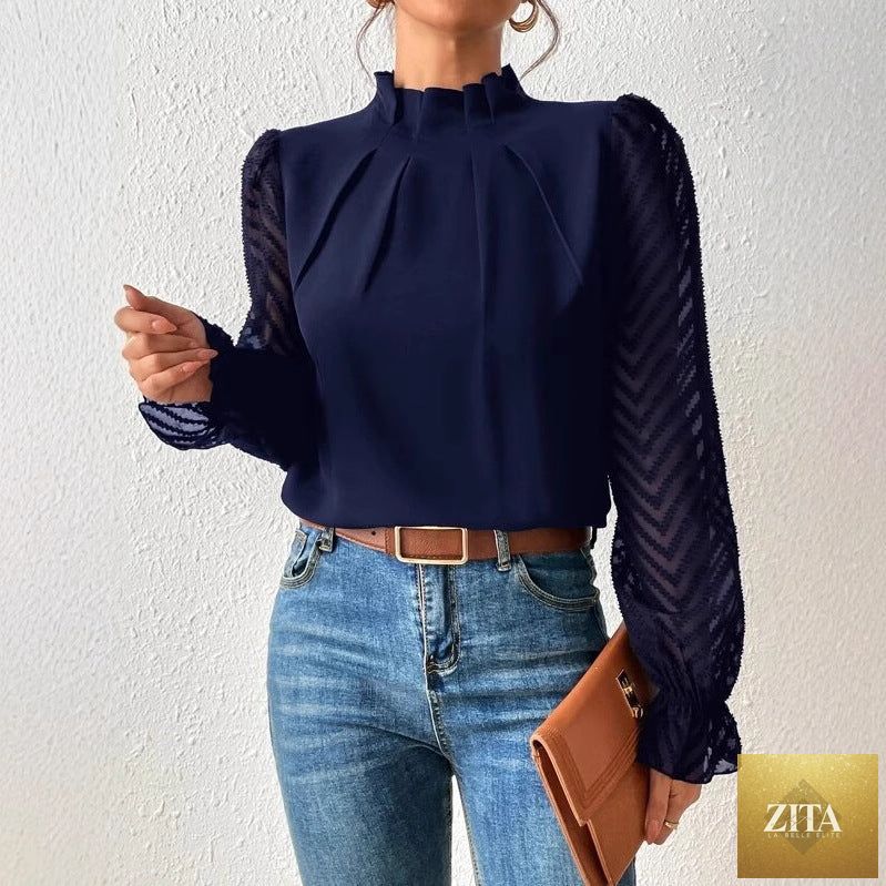 Women's chiffon blouse by FitiqueFit featuring a wave pattern, sheer long sleeves, mock neck, and ruffle cuffs.