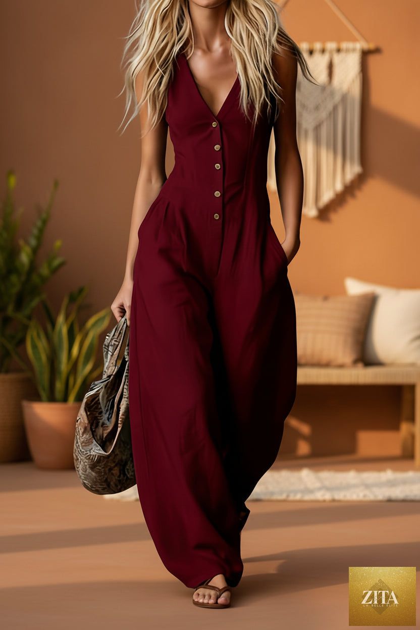 Women’s linen-look V-neck jumpsuit by Zita La Belle Elite, sleeveless, textured fabric, stylish commuter style.