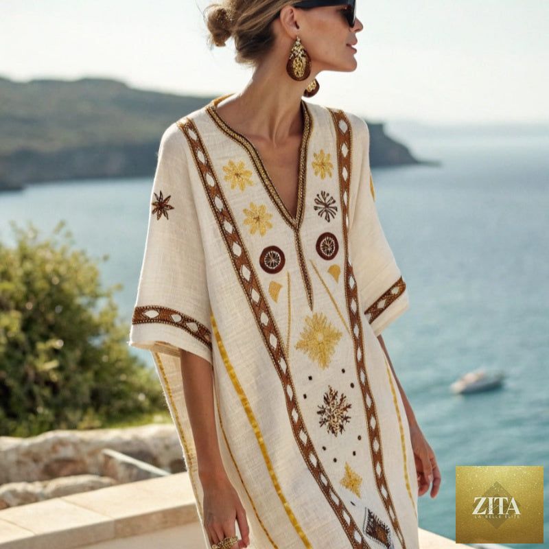 Women's printed loose A-line beach midi dress by Zita La Belle Elite, featuring a flowy design and vibrant vacation resort pattern.