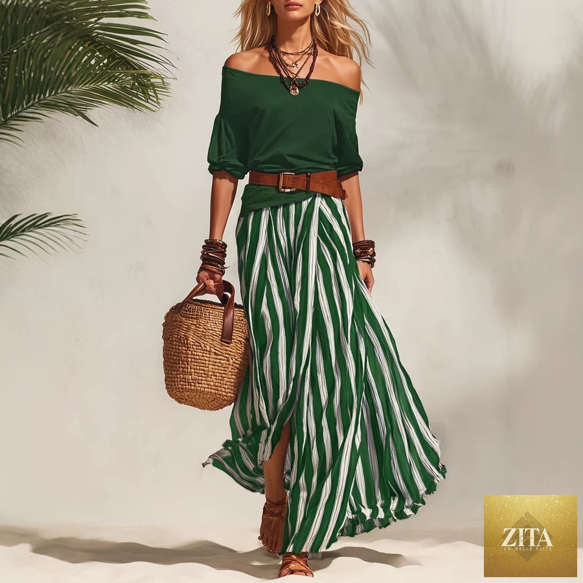 Zita La Belle Elite women's off-shoulder top and slit maxi skirt set in casualwear, featuring a stylish, relaxed fit.