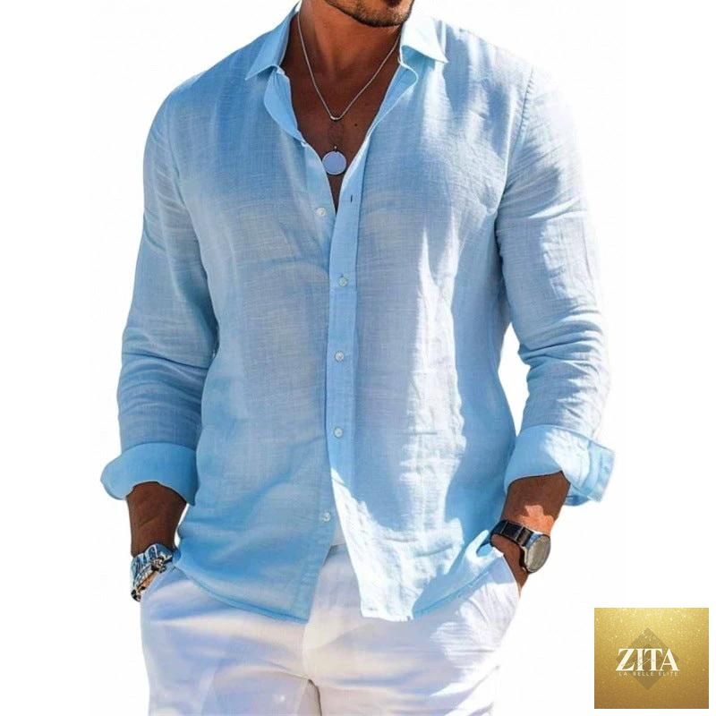 Men's casual long sleeve shirt by MANDOTOS, loose fit with lapel collar, solid color, plus size blouse style, shown on a model.
