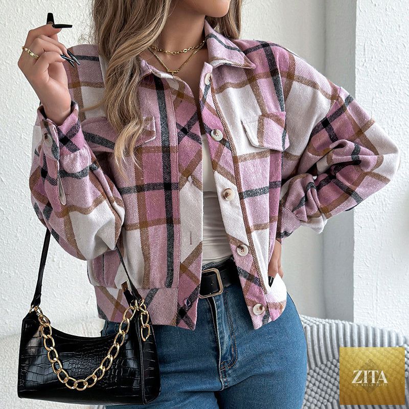 Women’s plaid shacket by FitiqueFit, a long-sleeve button-down shirt jacket with a stylish plaid pattern and relaxed fit.