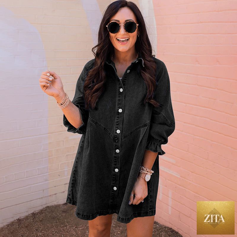 Women's three-quarter sleeve denim dress with ruffle detail and mid-length design by Zita La Belle Elite.