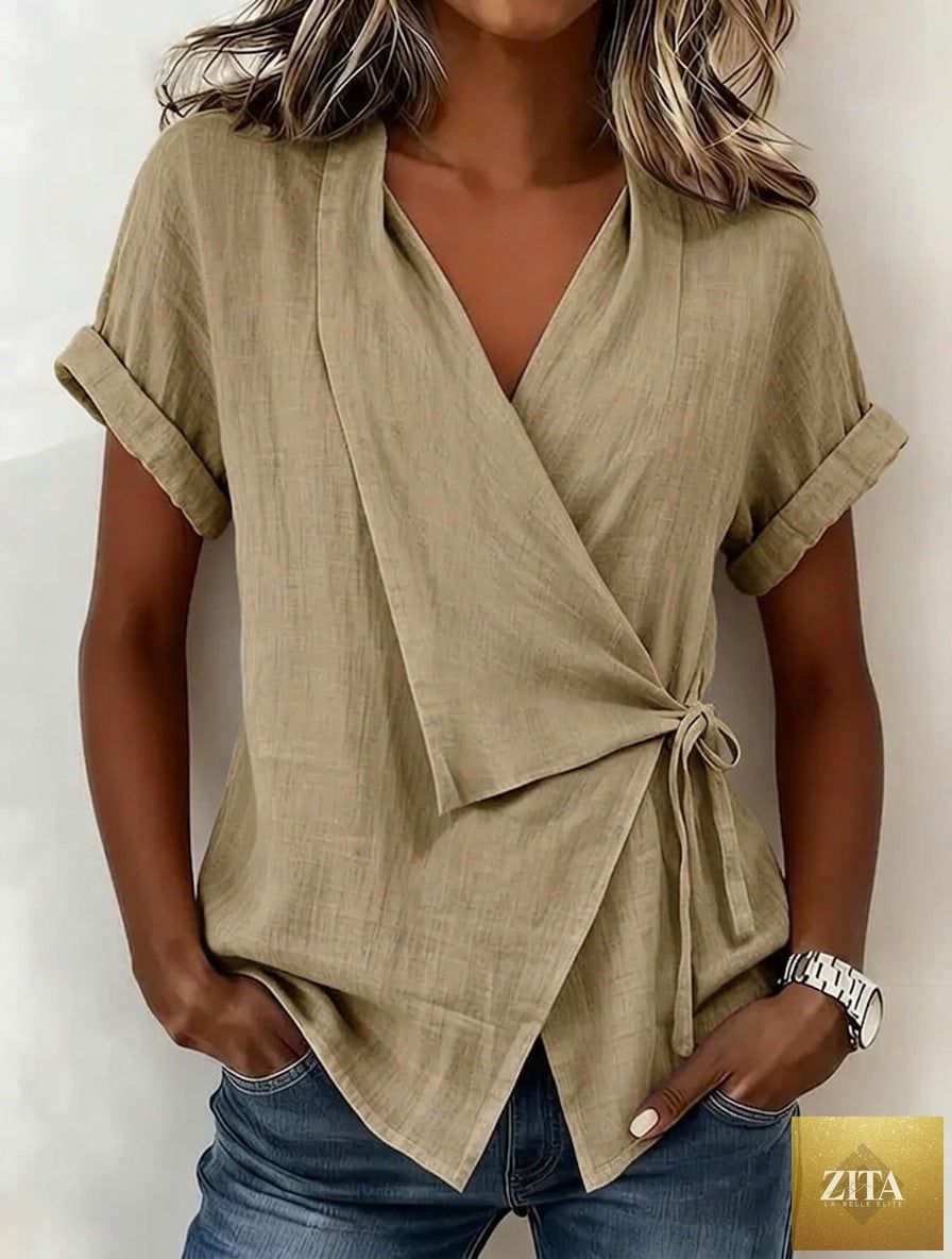 Women's casual linen top with lapel collar and lace-up short sleeves, stylish and comfortable from Zita La Belle Elite.