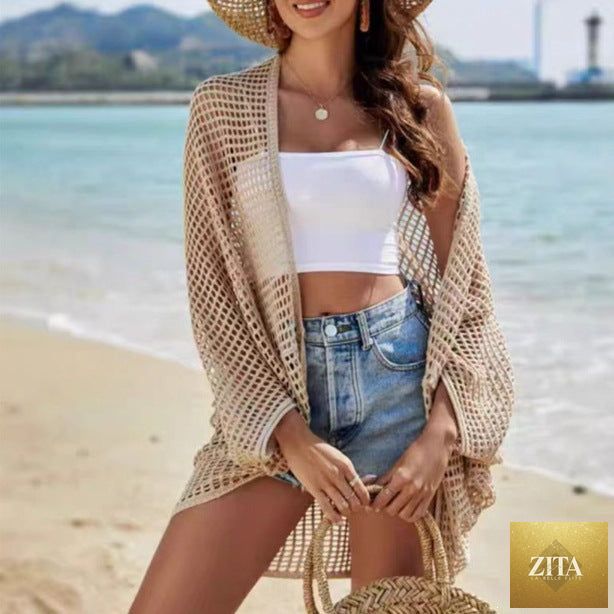 Women's hollow-out shawl cardigan by Zita La Belle Elite with batwing sleeves, sun-protective casual cover-up for warm weather.