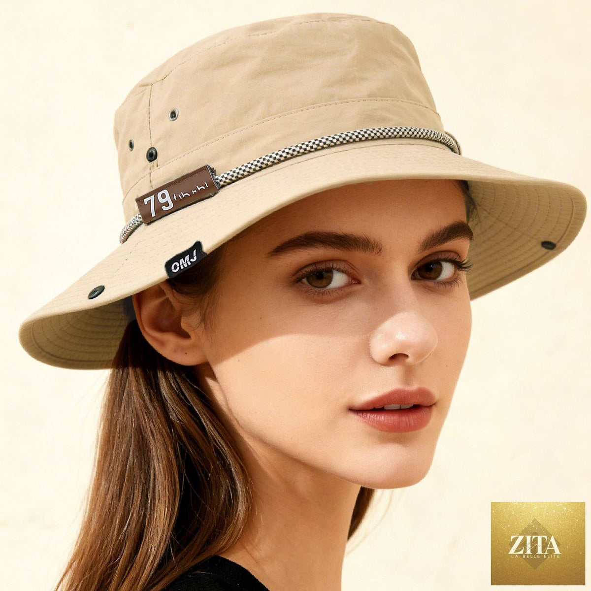 Wide-brim leather patch fisherman hat by FitiqueFit, UV sun protection outdoor hat with adjustable strap and breathable design.