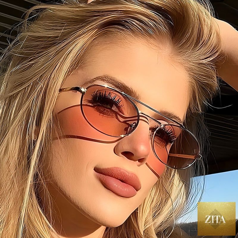 Retro oval dual-beam metal sunglasses with UV protection, featuring sleek metal frames and dark tinted lenses.