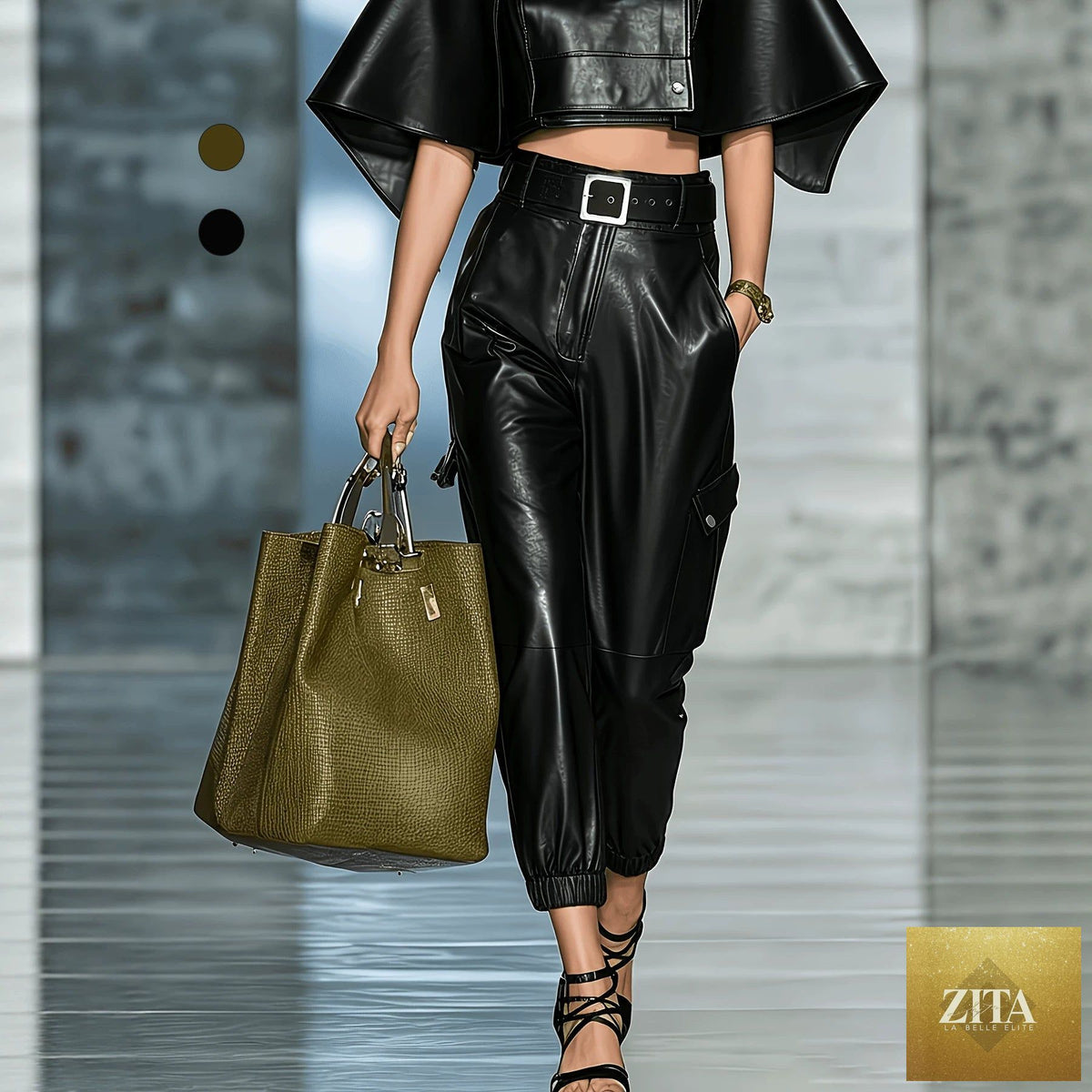 Women's PU leather streetwear pants with elastic waist and side pockets, full-length trousers by FitiqueFit.
