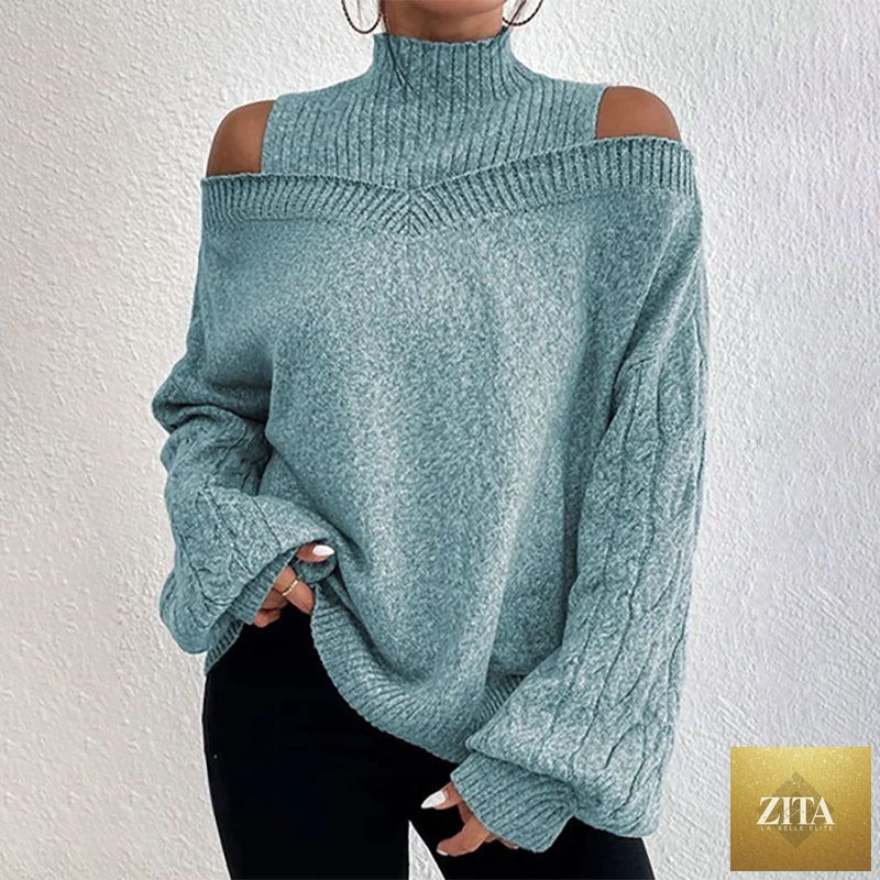 Women’s elegant off-shoulder turtleneck sweater by FitiqueFit, featuring long sleeves and a cozy knit fabric for casual wear.