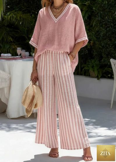 Zita La Belle Elite women's striped tunic top and casual trousers two-piece set, stylish and comfortable casualwear outfit.