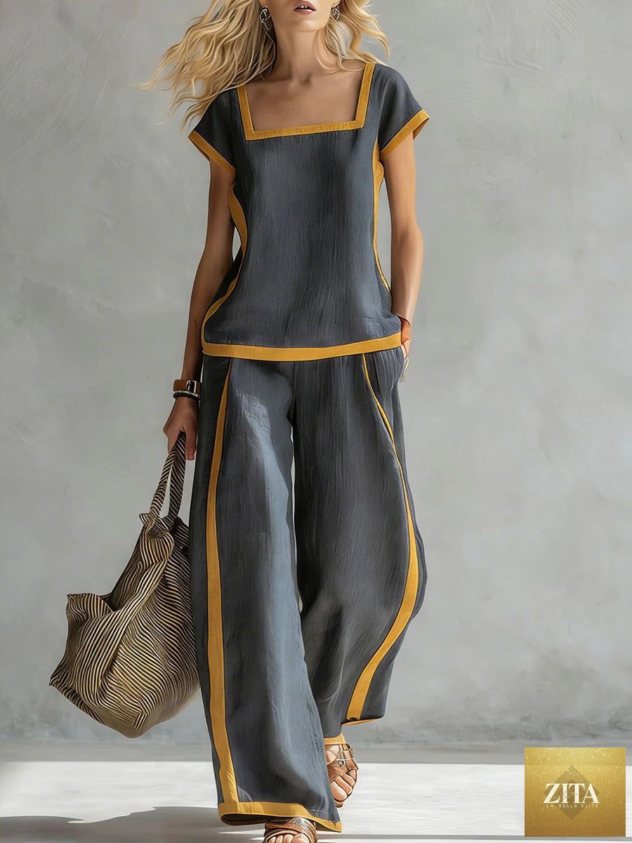 Women’s square neck short sleeve two-piece casual pants set by Zita La Belle Elite, featuring a stylish top and matching pants.
