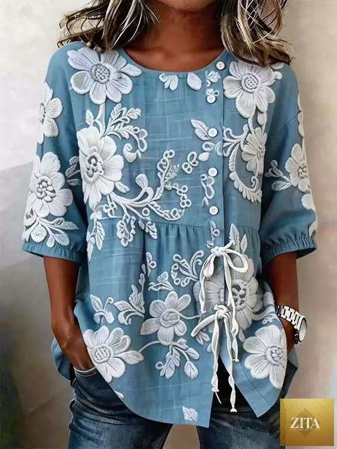 Women's floral 3D print pullover top by FitiqueFit, loose fit casualwear with floral pattern, available in sizes S to 3XL.