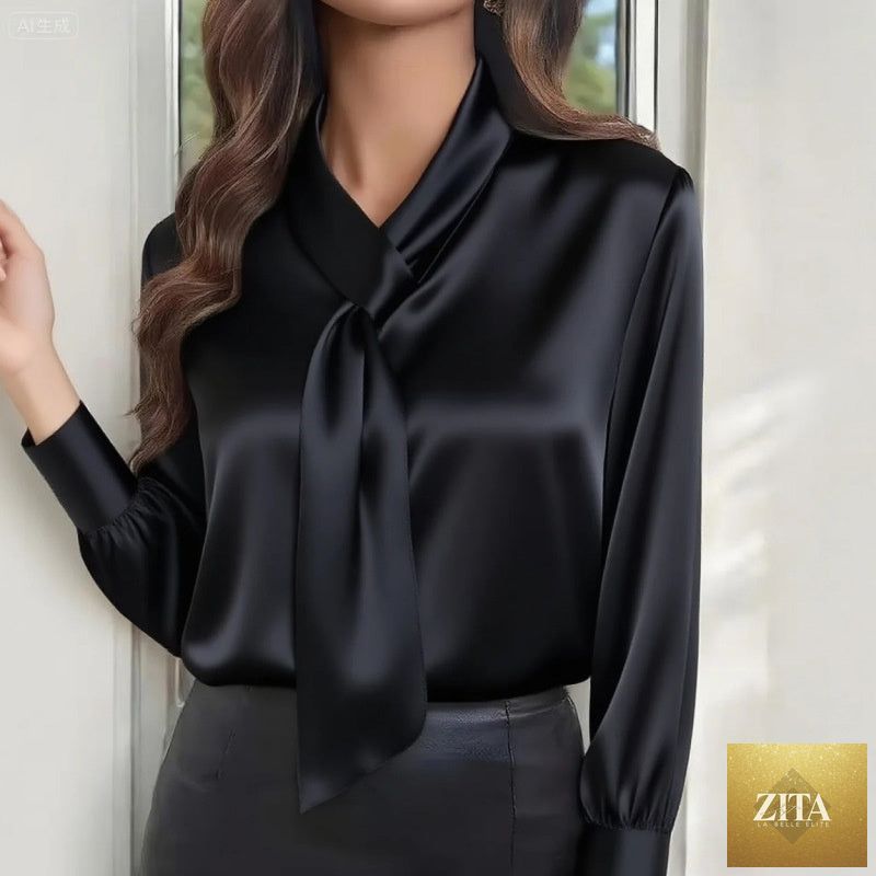 Women's lightweight business casual blouse with ribbon detail by FitiqueFit, featuring a relaxed fit and stylish design.