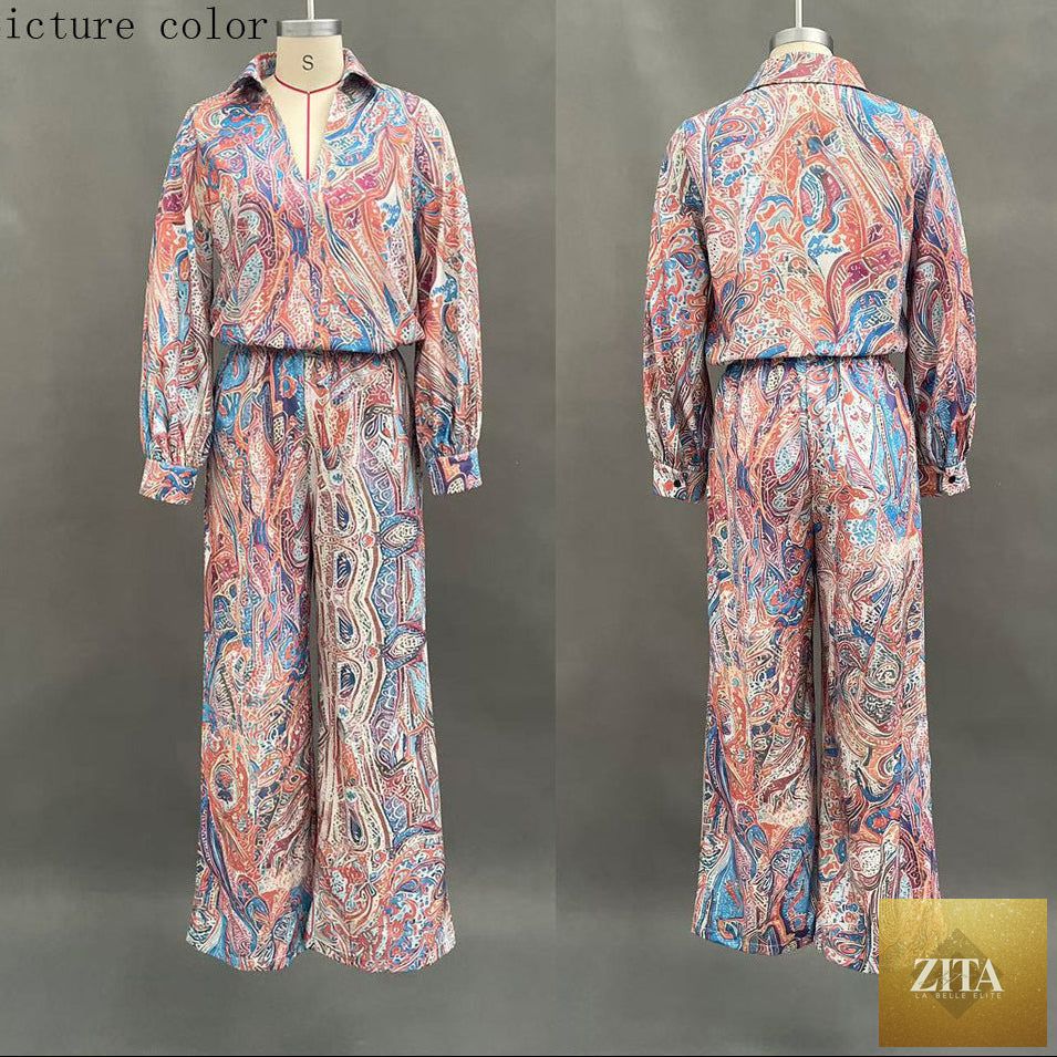 Women's Paisley Print Deep V Fringe Blouse & Wide-Leg Palazzo Pants Set
