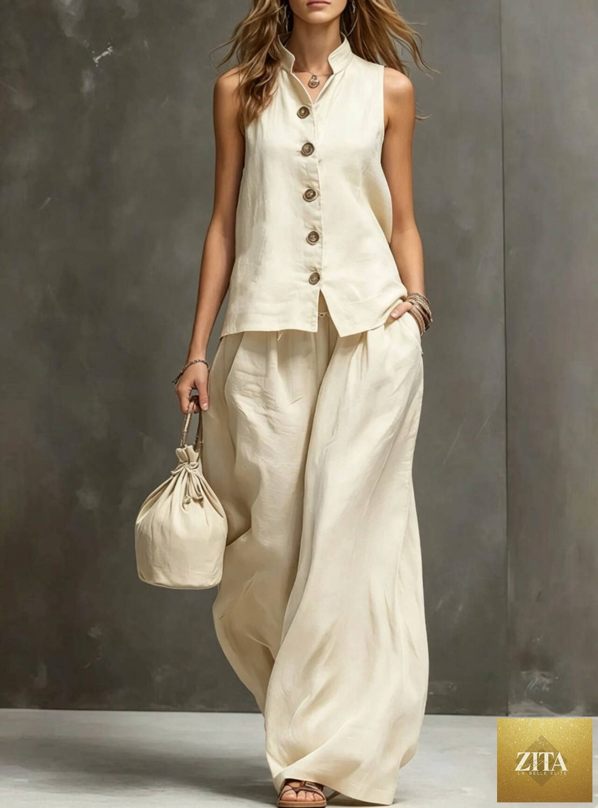 Zita La Belle Elite women's sleeveless cotton linen vest and wide-leg pants two-piece set displayed on a model.