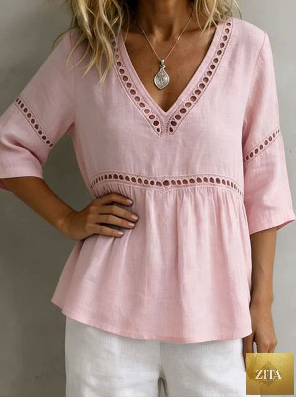 Women's V-neck hollow-out fringe cotton-linen top by Zita La Belle Elite, casualwear with stylish V-neck and fringe details.