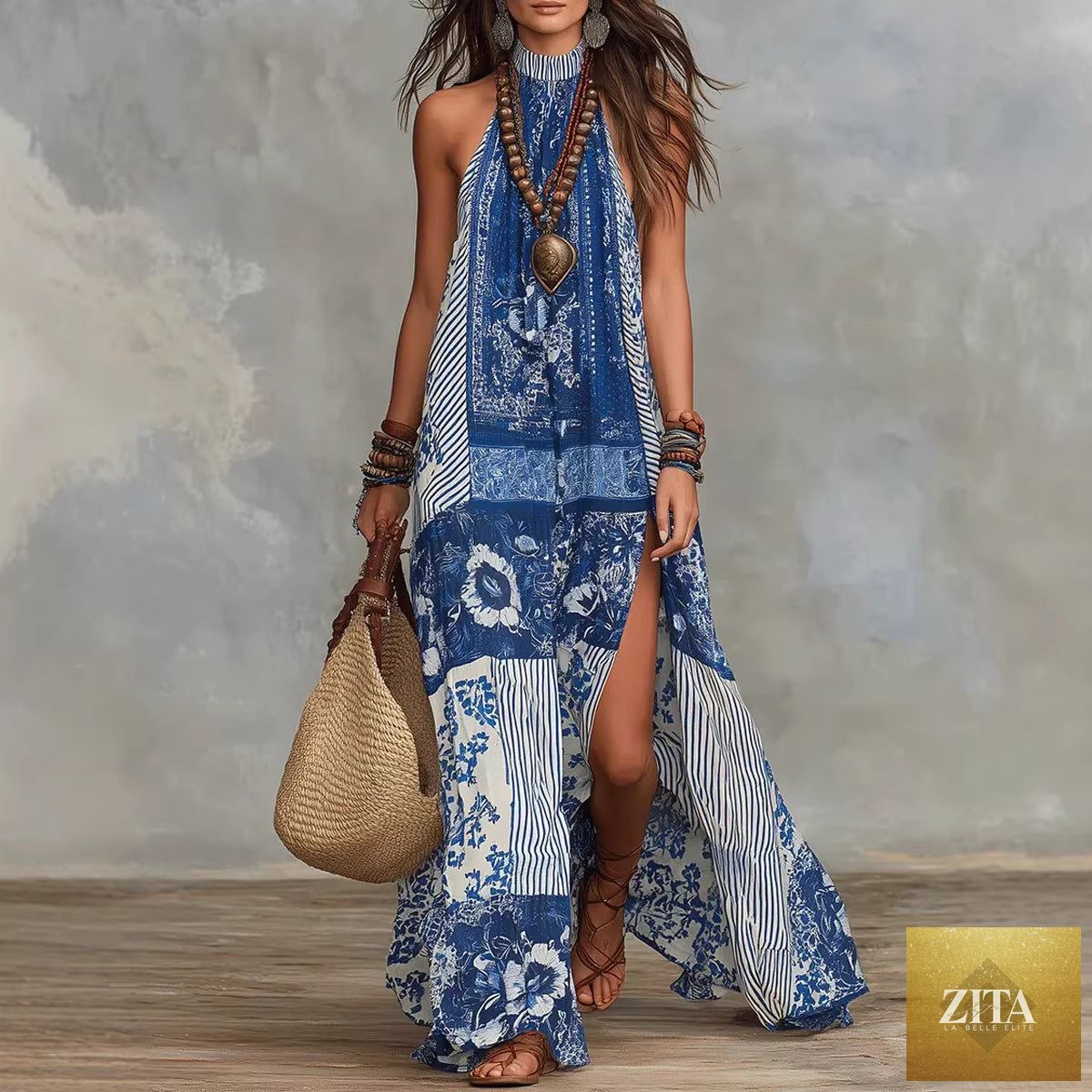 Zita La Belle Elite women's printed halterneck split maxi dress, sleeveless and loose fit, with a vibrant floral pattern.