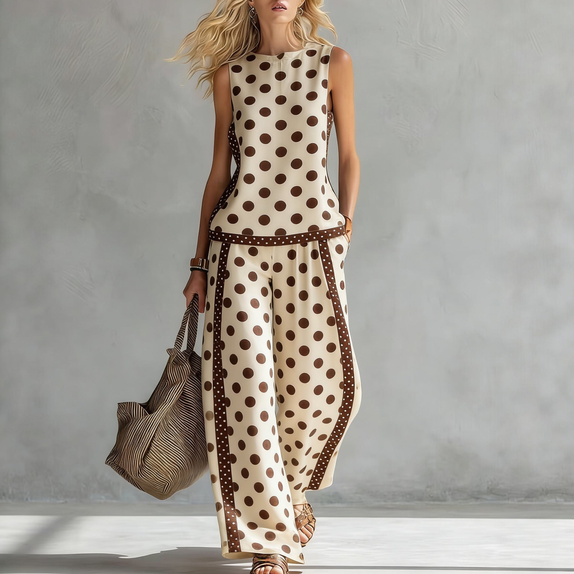 Women's sleeveless printed tank top and wide-leg pants two-piece casualwear set by FitiqueFit, featuring a stylish and comfortable design.