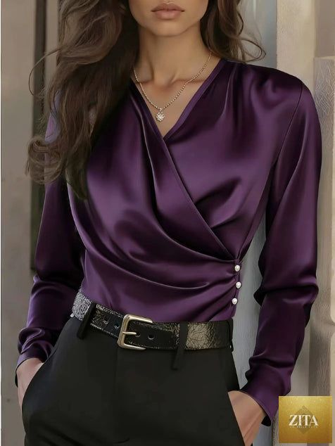 Women's elegant FitiqueFit cross V-neck blouse with ruffle details and button accents, casual office shirt in soft fabric.