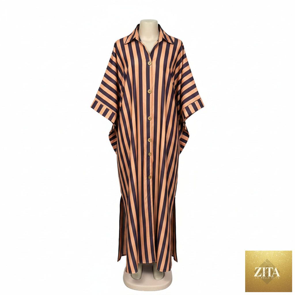 African-inspired striped loose long dress by FitiqueFit, featuring vibrant patterns and a relaxed fit in multiple colors.