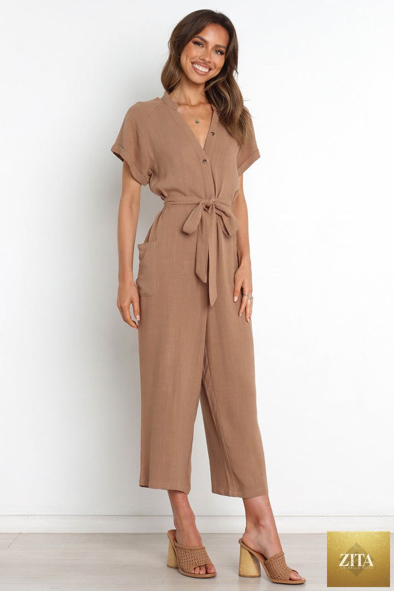 Women's V-neck cropped wide-leg knit jumpsuit by Zita La Belle Elite, casualwear, shown on a model with a relaxed fit and stylish design.