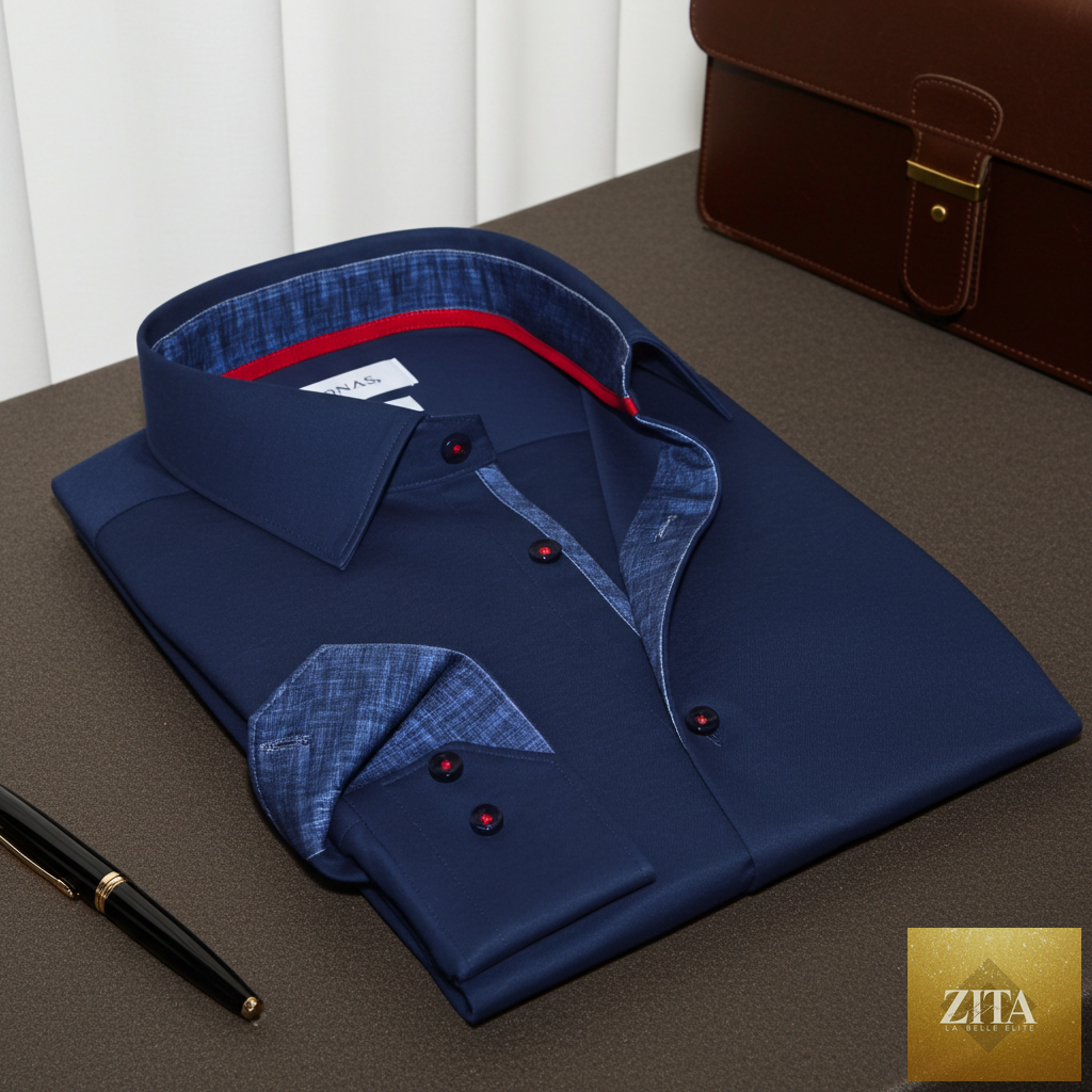 Levinás® navy cotton knit-stretch button-up shirt with contrast details, tailored fit, and long sleeves, casual yet stylish.