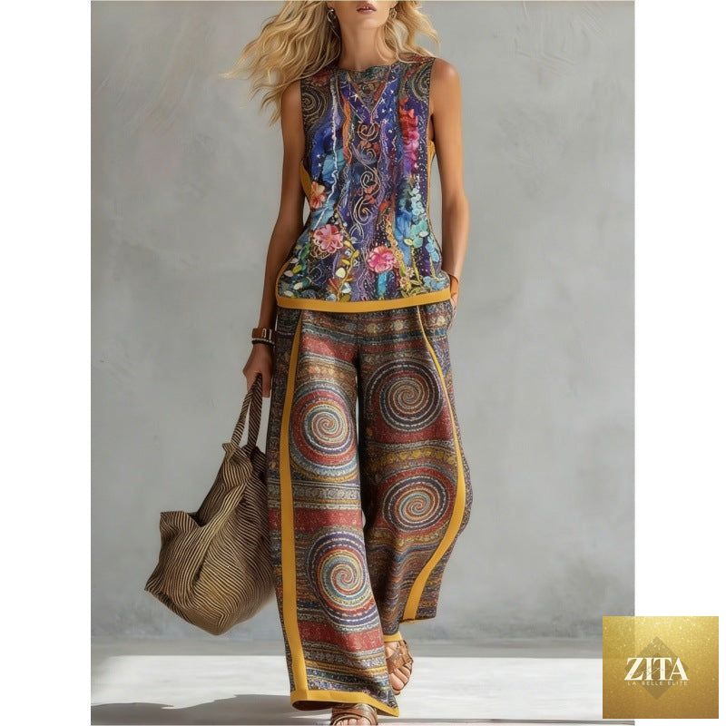 Printed retro sleeveless top and wide-leg pants set by FitiqueFit, featuring vibrant patterns in multiple sizes.