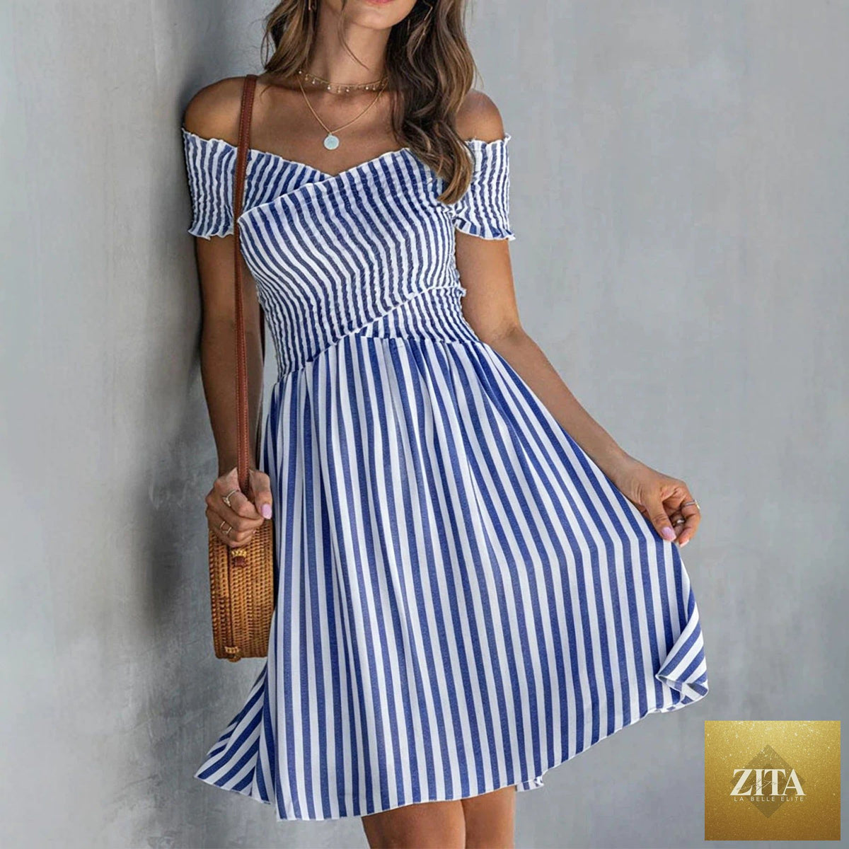Women's off-shoulder striped waist-cinching midi dress by Zita La Belle Elite, casualwear with a fitted waist and stylish design.