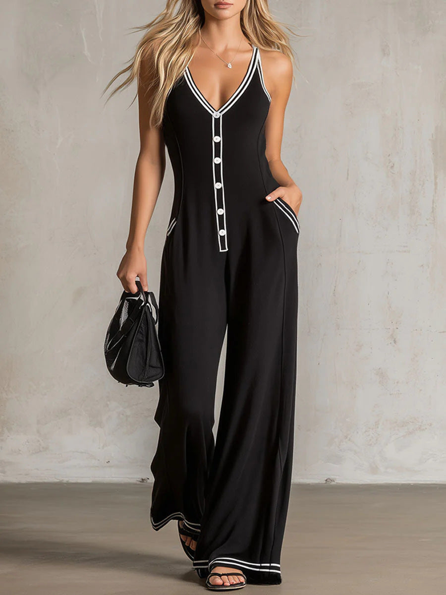Women's FitiqueFit V-neck backless wide-leg jumpsuit, high waist casualwear perfect for relaxed summer or evening outings.