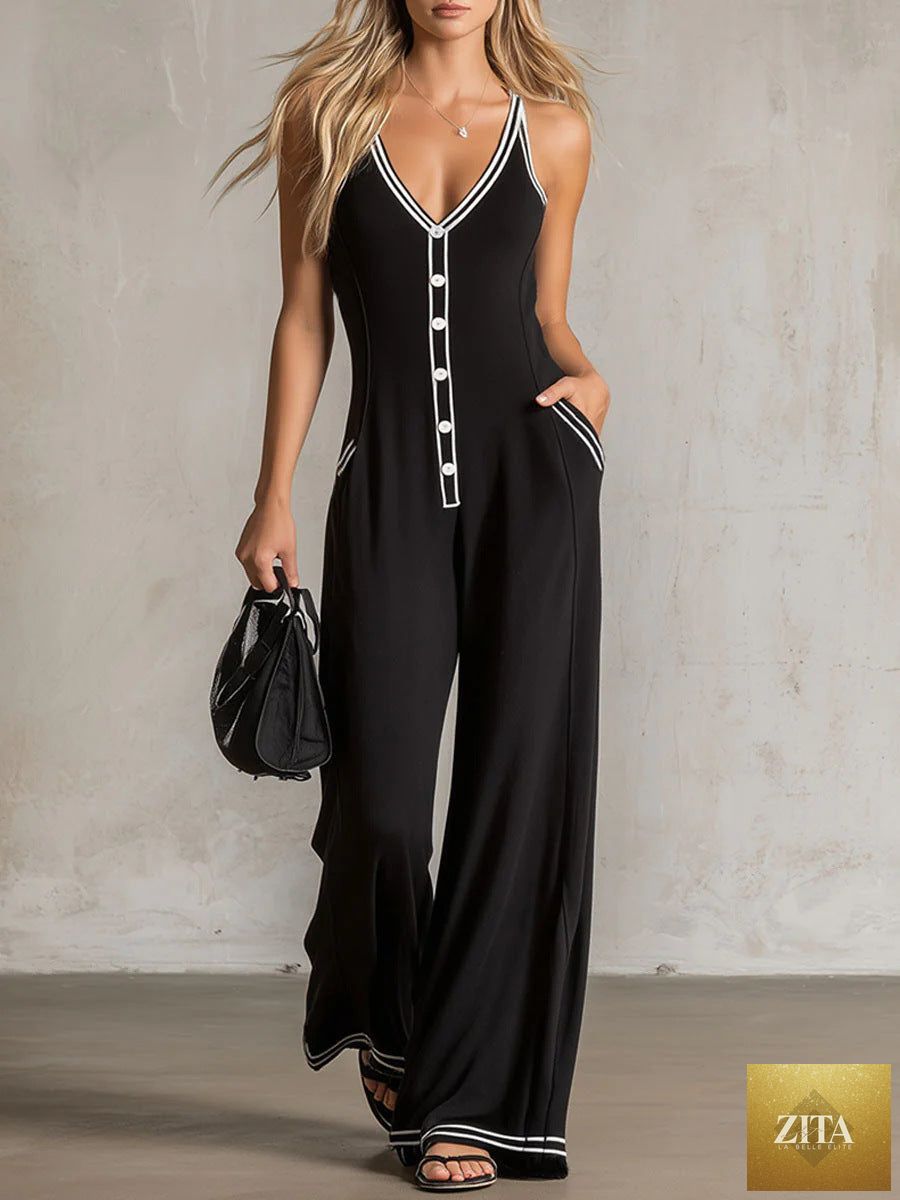 Zita La Belle Elite women's V-neck backless wide-leg jumpsuit with high waist, casual style, perfect for relaxed occasions.