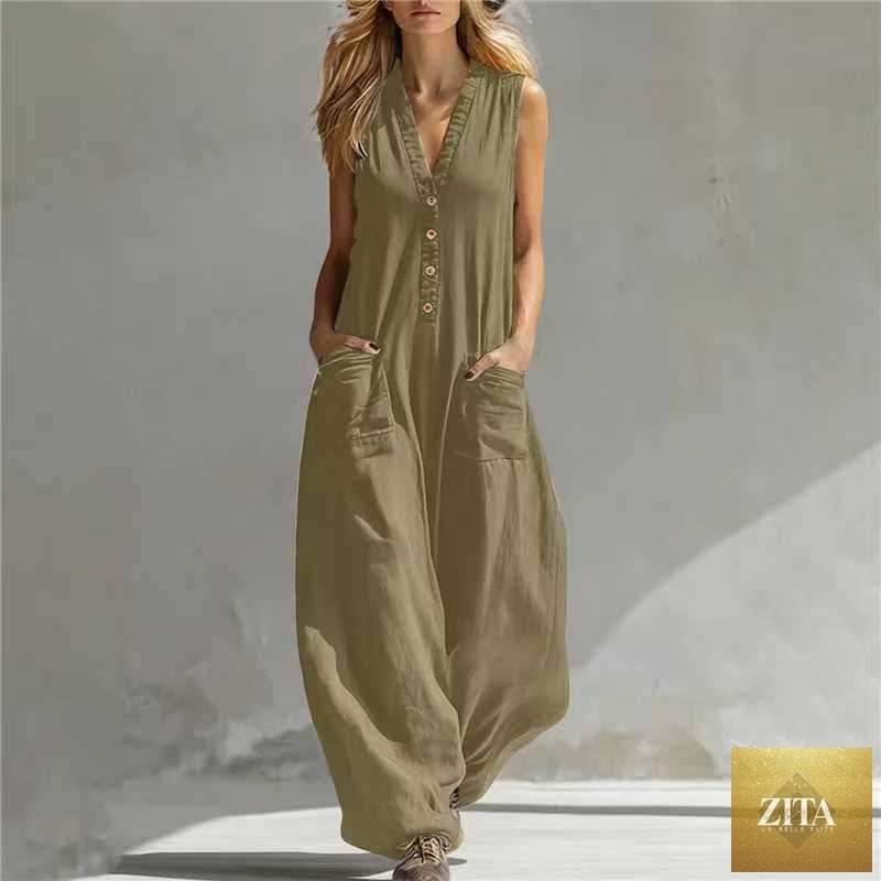 Women's sleeveless wide-leg jumpsuit with pockets by Zita La Belle Elite, casualwear style, shown in a relaxed fit.