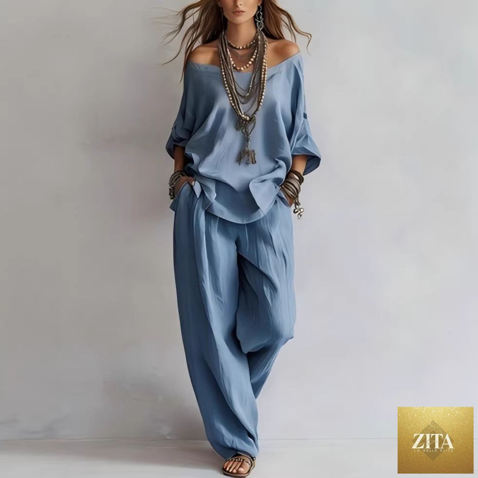 FitiqueFit chiffon puff-sleeve top and wide-leg pants casualwear set in vibrant colors, featuring airy fabric and stylish design.
