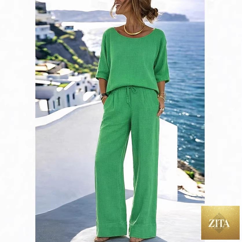 Women’s cotton linen resort set by Zita La Belle Elite with short sleeve top and wide-leg pants, casual and comfortable for summer.