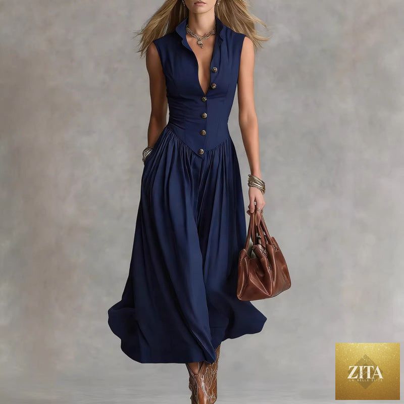 Women's sleeveless lapel collar maxi dress by Zita La Belle Elite, slim fit patchwork casualwear, flowing and stylish for warm weather.