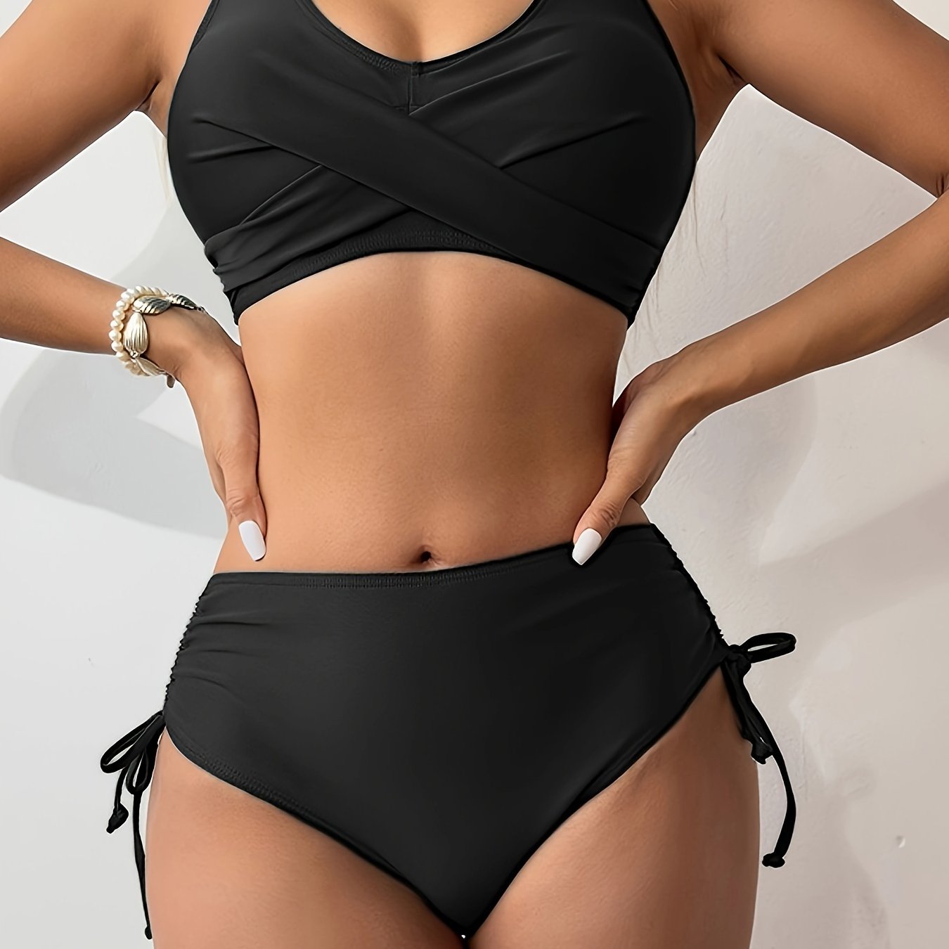Stevvex bikini set with twist front V-neck, high waist, and tie back design, featuring a stretchy, solid color swimwear for summer beach days.