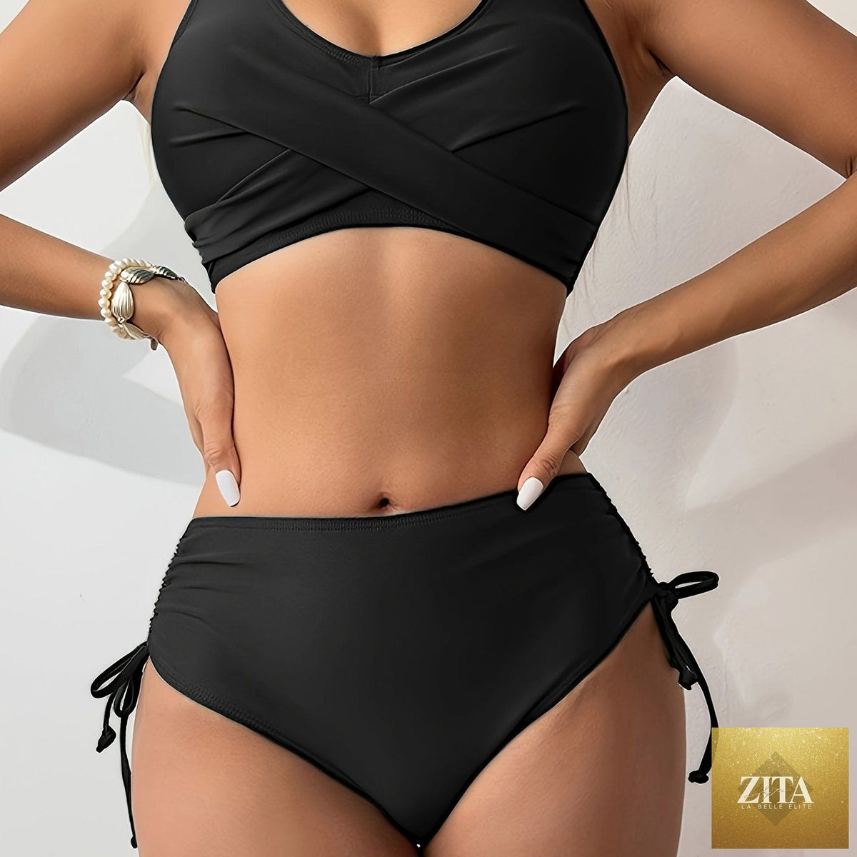 Stevvex bikini set featuring a twist front V-neck, high waist, tie back design, and drawstring lace-up detail for women’s summer swimwear.