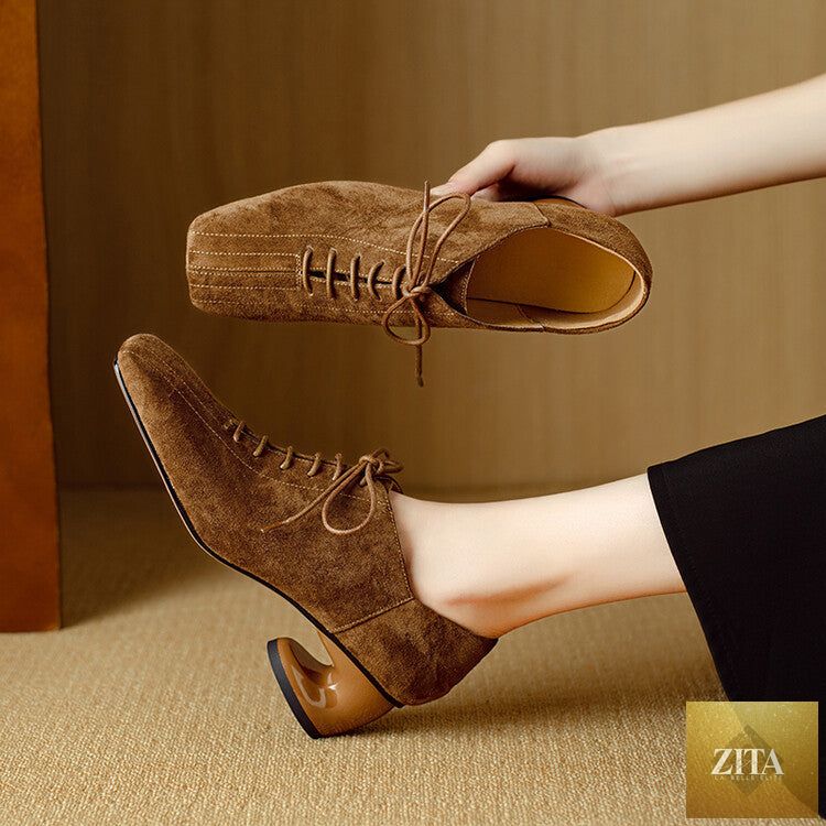 Women's retro sheepskin square toe chunky heel pumps by Zita La Belle Elite, featuring lace-up design and mid heel for stylish comfort.